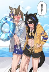 Rule 34 | 2girls, abs, ahoge, anchor hair ornament, animal ear piercing, animal ears, averting eyes, black swim trunks, blue eyes, blue hair, blue swim trunks, brown hair, butterfly hair ornament, cheval grand (summer calm navy drop) (umamusume), cheval grand (umamusume), collarbone, commentary, cowboy shot, drawstring, ear ornament, embarrassed, flustered, flying sweatdrops, frilled bikini top, fukuro (maruaru00), genderswap, genderswap (mtf), hair ornament, hand on own hip, heart&#039;s cry (racehorse), highres, holding, holding swim ring, hood, hood down, hooded jacket, horse ears, horse girl, horse tail, innertube, jacket, jewelry, long hair, long sleeves, male swimwear, multicolored hair, multiple girls, navel, open clothes, open jacket, outdoors, pendant, personification, puckered lips, short hair, short hair with long locks, sleeves rolled up, speech bubble, sweatdrop, swim ring, swim trunks, tail, toned, toned female, translated, two-tone hair, umamusume, white hood, white jacket, yellow hood, yellow jacket