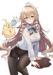 1girl absurdres ahoge andrea_doria_(azur_lane) andrea_doria_(have_a_safe_flight)_(azur_lane) anger_vein azur_lane bird black_choker black_pantyhose black_skirt blush bow bowtie chick choker coffee coffee_mug collared_shirt commentary cup drill_hair flight_attendant hair_between_eyes highres light_brown_hair long_hair long_sleeves looking_at_viewer manjuu_(azur_lane) megaphone mug necktie official_alternate_costume open_mouth pantyhose pencil_skirt shidiancijianongpao shirt simple_background skirt spill travel_attendant twin_drills white_background white_shirt yellow_eyes