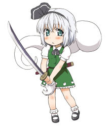1girl :&lt; aru_ra_une blush_stickers bobby_socks female_focus green_eyes hair_ribbon hairband katana konpaku_youmu konpaku_youmu_(ghost) mary_janes ribbon scabbard sheath shoes short_hair silver_hair skirt socks solo sword touhou weapon