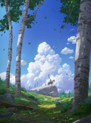 2boys armor army banner birch_tree blue_sky bug butterfly cloud commentary cumulonimbus_cloud cyclecircle english_commentary forest grass helmet highres horse horseback_riding insect japanese_armor multiple_boys nature original outdoors riding scenery sky sunlight tree tree_stump very_wide_shot