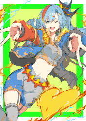 1girl absurdres blue_hair blue_jacket border cropped_shirt double_v duel_masters dutch_angle garter_straps green_background green_eyes grey_shirt grey_skirt grey_thighhighs highres jacket kamesan231 looking_at_viewer midriff multicolored_jacket navel one_eye_closed open_mouth personification shirt skirt solo sparkling_eyes teeth thighhighs upper_teeth_only v white_border