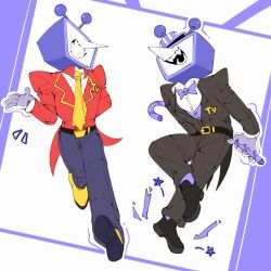 2boys alternate_color ant_tenna arm_behind_back belt black_belt black_pants black_shoes bow bowtie cane commentary crt deltarune dual_persona english_commentary full_body gloves grey_pants highres holding holding_cane male_focus minteutokki1 multiple_boys necktie object_head pants pointy_nose purple_bow purple_bowtie shirt shoes smile striped_hat tailcoat teeth white_gloves white_shirt yellow_necktie yellow_shoes