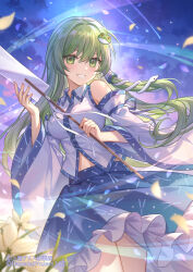 1girl blush breasts detached_sleeves frog frog_hair_ornament gohei green_eyes green_hair hair_ornament hair_tubes highres holding holding_gohei kochiya_sanae large_breasts lazuri7 long_hair open_mouth single_hair_tube skirt smile snake snake_hair_ornament solo touhou