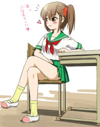 Rule 34 | 1girl, bare legs, blush stickers, brown eyes, brown hair, chair, classroom, closed mouth, crossed legs, desk, female focus, full body, green skirt, hair ribbon, heart, indoors, japanese text, original, panties, pantyshot, pleated skirt, red ribbon, ribbon, sailor collar, school chair, school desk, school uniform, serafuku, shiny skin, shirt, shoes, short hair, side ponytail, sitting, skirt, smile, socks, solo, spoken heart, takapi (chimee house), thighs, underwear, uwabaki, white shirt, yellow panties, yellow socks