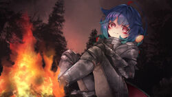 1girl ahoge alternate_costume anglerfish_girl armor bioluminescence blue_hair bonfire_(dark_souls) breasts choker cuirass dark_souls_(series) dusk fire fish_girl gauntlets glowing gorget gothic_plate_armor greaves highres indie_virtual_youtuber kitanya_(anglerfish) kitanya_nyanta knight looking_at_viewer lure multicolored_hair nanana_(nanana_iz) outdoors pauldrons petite plate_armor red_eyes red_hair sabaton short_twintails shoulder_armor single_hair_intake sitting small_breasts smile strap tree triangle_mouth twintails virtual_youtuber