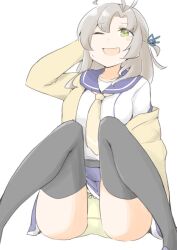Rule 34 | 1girl, akara kai, antenna hair, bikini, black thighhighs, breasts, cardigan, green eyes, grey hair, hair tie, highres, kantai collection, kinugasa (kancolle), kinugasa kai ni (kancolle), long hair, looking at viewer, medium breasts, neckerchief, necktie, one eye closed, one side up, purple sailor collar, sailor collar, school uniform, serafuku, skirt, smile, solo, swimsuit, thighhighs, white background, yellow cardigan, yellow neckerchief, yellow necktie