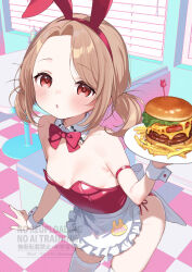 Rule 34 | 1girl, animal ears, bare shoulders, blush, bow, bowtie, breasts, brown hair, burger, detached collar, fake animal ears, food, highres, kanya pyi, leotard, looking at viewer, original, playboy bunny, rabbit ears, red eyes, short hair, small breasts, solo, thighhighs, twintails, waitress, white thighhighs, wrist cuffs