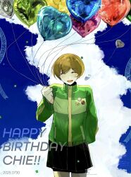 1girl absurdres balloon black_skirt blue_sky brown_hair character_name cloud commentary dated green_jacket happy_birthday heart heart_balloon highres holding holding_balloon jacket long_sleeves open_mouth persona persona_4 satonaka_chie seyochan short_hair skirt sky smile solo translation_request