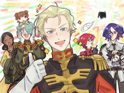 Rule 34 | amate yuzuriha, cat girl, challia bull, char aznable, dog boy, gundam, gundam gquuuuuux, highres, jacket, lalah sune, mecha, military jacket, military uniform, mobile suit, multiple boys, multiple girls, neo zeon, nyaan (gundam gquuuuuux), robot, shuji ito, xavier olivette, z pom, zeon