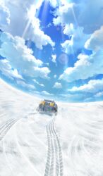 blue_sky cloud commentary day diffraction_spikes dust fate/grand_order fate_(series) fisheye glint lens_flare light_rays motor_vehicle no_humans official_art outdoors scenery shadow_border sky sunbeam sunlight tatsuyo third-party_source tread_marks white_theme