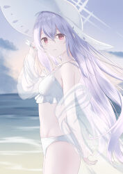 1girl absurdres arm_behind_back arm_behind_head atsuko_(blue_archive) atsuko_(swimsuit)_(blue_archive) bare_shoulders bikini blue_archive closed_mouth hair_between_eyes hat highres kotokoto_(pixiv_105451061) light_smile long_hair looking_at_viewer official_alternate_costume purple_hair red_eyes see-through_clothes see-through_shirt shirt sun_hat swimsuit white_bikini white_hat