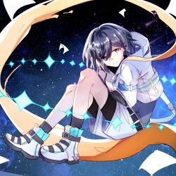 1girl bang_dream! bang_dream!_it&#039;s_mygo!!!!! brown_eyes grey_hair grey_shirt hair_between_eyes hibioes highres jacket shirt shoes short_hair shorts sky solo star_(sky) starry_sky starry_sky_background takamatsu_tomori white_jacket white_shoes white_shorts