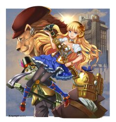 1girl :d belt belt_buckle black_hairband black_headwear black_pants black_pantyhose blonde_hair blue_dress blue_footwear blue_sky boots breasts brown_jacket buckle building cleavage cloud commentary_request corset cowardly_lion dated day dorothy_gale dress frilled_dress frills glasses green_belt green_jacket gun hairband hat highres holding holding_gun holding_scythe holding_weapon jacket knees_together_feet_apart kuzumochi_(kuzumochiya) long_hair medium_breasts newsboy_cap open_mouth outdoors pants pantyhose propeller puffy_short_sleeves puffy_sleeves red_headwear robot scarecrow scarecrow_(the_wizard_of_oz) scythe short_sleeves shrug_(clothing) signature sky smile steampunk the_wizard_of_oz tin_man_(the_wizard_of_oz) top_hat very_long_hair weapon weapon_request