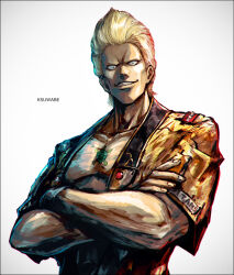 1boy artist_name blonde_hair brown_shirt commentary_request crossed_arms evil_grin evil_smile grin gundam k-suwabe looking_at_viewer male_focus pectorals sanpaku shirt short_hair short_sleeves simple_background smile solo titans_(gundam) upper_body white_background yazan_gable zeta_gundam zeta_gundam_define