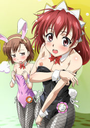 Rule 34 | 00s, 2girls, animal ears, blush, bow, bowtie, breast envy, breasts, brown eyes, brown hair, cecily cambell, crossover, detached collar, embarrassed, fake animal ears, female focus, fishnet pantyhose, fishnets, hair ornament, hairband, headdress, leotard, long hair, makaizou, misaka mikoto, multiple girls, nipples, open mouth, pantyhose, playboy bunny, rabbit ears, rabbit tail, red eyes, red hair, seiken no blacksmith, short hair, tail, tears, toaru kagaku no railgun, toaru majutsu no index, wardrobe malfunction, wrist cuffs