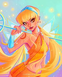 1girl armpits asymmetrical_shirt bare_shoulders blonde_hair blue_background blue_hairband blue_wings bracer breasts brown_eyes chibimica collarbone commentary cowboy_shot crop_top ear_piercing earrings english_commentary eyelashes fairy fairy_wings glitter gradient_background hair_tubes hairband happy highres holding holding_staff jewelry light_blush light_particles lipstick long_hair low_twintails magical_girl makeup midriff miniskirt nail_polish navel orange_shirt orange_skirt over_shoulder piercing purple_background red_lips shirt shoulder_tattoo sideboob single_strap skirt skirt_set sleeveless sleeveless_shirt smile solo sparkle staff standing star_(symbol) stella_(winx_club) stud_earrings sun_symbol sun_tattoo tan tattoo twintails very_long_hair weapon weapon_over_shoulder white_nails wings winx_club
