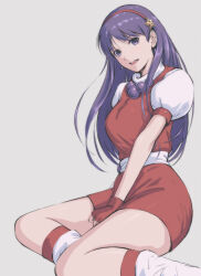 Rule 34 | 1girl, absurdres, asamiya athena, breasts, dress, earrings, female focus, hair ornament, hairband, highres, idol, jewelry, large breasts, looking at viewer, pale skin, psycho soldier, purple eyes, purple hair, skirt, snk, socks, star (symbol), star hair ornament, the king of fighters, the king of fighters &#039;98, thick thighs, thighs, wide hips