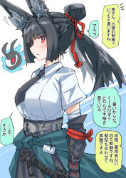 1girl alternate_hairstyle animal_ears black_necktie blue_background blush bright_pupils commentary_request fox_ears fox_girl hoshimi_miyabi looking_at_viewer necktie nodachi_(nodati51) ponytail red_eyes shirt solo speech_bubble tailless_(zenless_zone_zero) translation_request two-tone_background white_background white_pupils white_shirt zenless_zone_zero