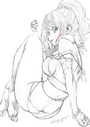 1girl ass back barefoot breasts butt_crack copyright_request dead_or_alive dead_or_alive_xtreme dead_or_alive_xtreme_venus_vacation dimples_of_venus hiragoma large_breasts looking_at_viewer looking_back monochrome multicolored_hair pink_hair ponytail sketch smile soles solo spot_color streaked_hair toes yukino_(doa)