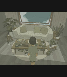 1girl bob_cut book bowl carton chinese_commentary cloud commentary contrail couch curtains feet_out_of_frame from_above from_behind highres indoors ladder lamp letterboxed ma_(mamamauuuuu) monochrome open_window original pile_of_books pillow plant plate potted_plant rug shirt short_hair short_sleeves shorts sky slice_of_life solo standing t-shirt table watering_can wide_shot window wooden_floor wooden_table