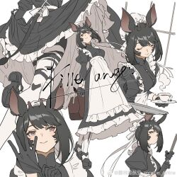 1girl adjusting_clothes adjusting_gloves animal_ears animal_print apron black_dress black_gloves black_hair black_shoes bow breasts briefcase broom bun_cover closed_eyes closed_mouth clothes_lift cup dress dress_lift english_text eyelashes fille_ange frilled_apron frilled_dress frills full_body gloves grey_eyes hair_bun hat highres holding holding_broom holding_cup holding_plate holding_saucer holding_suitcase holding_tray horns juliet_sleeves long_dress long_sleeves looking_at_viewer maid maid_apron maid_headdress mary_janes medium_breasts medium_hair mob_cap mogumo mouse_tail multiple_views pantyhose plate puffy_sleeves saucer shoes short_hair simple_background single_hair_bun skirt_hold smile standing steam suitcase tail teacup tray vrchat walking watermark weibo_username weibo_watermark white_apron white_background white_pantyhose window