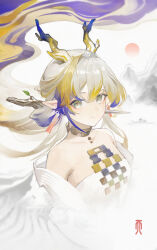 1girl absurdres arknights bilibili blonde_hair blue_hair choker dragon_girl dragon_horns dress grey_eyes grey_hair highres horns jacket long_hair looking_at_viewer mountain multicolored_hair pointy_ears shu_(arknights) solo sun upper_body white_dress white_jacket