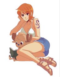 1boy 1girl antlers ass bare_legs bare_shoulders bikini bikini_top_only blue_nose blue_shorts book breasts brown_eyes brown_fur cleavage closed_mouth collarbone denim denim_shorts earrings feet full_body hand_on_another&#039;s_head hand_on_own_cheek hand_on_own_face hashtag-only_commentary head_rest high_heel_sandals high_heels highres holding holding_book horns jewelry large_breasts legs light_blush nami_(one_piece) oliviajtaylor20 one_piece open_book orange_hair pearl_earrings reading reindeer_antlers reindeer_boy sandals short_hair shorts shoulder_tattoo single_sidelock sitting smile swimsuit tattoo thighs toes tony_tony_chopper white_background white_bikini yokozuwari