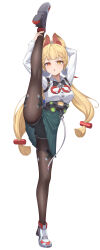 Rule 34 | 1girl, :o, absurdres, alice thymefield, animal ears, black pantyhose, braid, breasts, full body, heterochromia, highres, long hair, looking at viewer, medium breasts, orange eyes, pantyhose, red eyes, shixi, shoes, shorts, shorts under skirt, simple background, sneakers, solo, split, standing, standing on one leg, standing split, twintails, white background, zenless zone zero