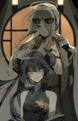 Rule 34 | bare shoulders, black dress, black hair, black necktie, blue archive, breasts, china dress, chinese clothes, dress, engmuu 125, green hair, grey eyes, grey halo, hair over one eye, halo, highres, kisaki (blue archive), looking at viewer, mina (blue archive), necktie, one eye covered, red eyes, shirt, small breasts, white shirt