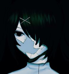 1girl ame-chan_(needy_girl_overdose) black_eyes black_hair blank_stare broken_skin hair_ornament hair_over_one_eye highres madra_(album) needy_girl_overdose no_mouth porcelain portrait short_hair solo upper_body x_hair_ornament yumeno_(yume0601)