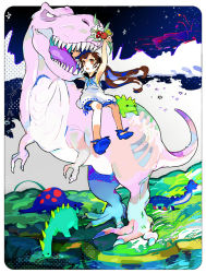 1girl bad_id bad_pixiv_id bouquet brown_hair dinosaur riding_dinosaur dress drinking flower original red_eyes riding shoes skirt sky star_(sky) starry_sky stream teeth twintails tyrannosaurus_rex uoshiro white_dress white_skirt