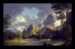 absurdres black_border blue_sky border cloud cloudy_sky commentary english_commentary highres landscape mountain nature no_humans original outdoors philipp_urlich river rock scenery sky tree
