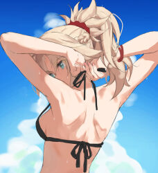 1girl bikini black_bikini blonde_hair blue_sky braid breasts cloud cloudy_sky fate/apocrypha fate/grand_order fate_(series) green_eyes hair_ornament hair_scrunchie half_up_braid highres mordred_(fate) mordred_(swimsuit_rider)_(fate) parted_bangs ponytail red_scrunchie scrunchie sideboob sidelocks sky small_breasts solo swimsuit tonee tying tying_bikini unfinished