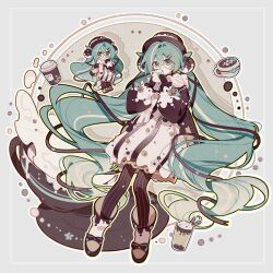 2girls :o absurdly_long_hair aqua_eyes aqua_hair black_bow black_gloves black_headwear black_jacket black_pantyhose black_ribbon black_sleeves blue_background boots bow chibi chibi_inset circle coffee commentary covered_mouth cup disposable_cup dress drink drinking drop_shadow eyelashes food food-themed_clothes food-themed_hair_ornament footwear_bow frilled_dress frills full_body glasses gloves gradient_hair hair_ornament hair_ribbon hairclip hashtag-only_commentary hat hatsune_miku highres holding holding_drink jacket long_hair long_sleeves marshmallow mug multicolored_hair multiple_girls neck_ruff open_mouth outline pantyhose puffy_long_sleeves puffy_sleeves ribbon round_eyewear short_dress simple_background single_stripe sleeves_past_wrists striped_bow striped_clothes striped_dress striped_pantyhose teacup tress_ribbon twintails vertical-striped_clothes vertical-striped_dress vertical-striped_pantyhose very_long_hair vocaloid white_dress white_footwear white_hair yellow_outline z6