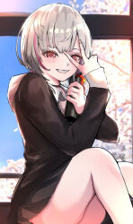 1girl asumi_sena black_choker black_jacket black_skirt blue_sky branch cattleya_regina_games choker collared_shirt commentary_request day feet_out_of_frame grey_hair grin handa_vega holding indoors jacket knees_up looking_at_viewer multicolored_hair pleated_skirt red_eyes red_hair shirt short_hair sitting skirt sky smile solo streaked_hair tube v v_over_eye virtual_youtuber vspo! white_shirt window