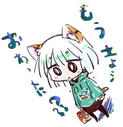1girl animal_ear_fluff animal_ears artist_self-insert bag bag_of_chips black_pantyhose blush brown_skirt chibi clothes_writing colored_shadow commentary_request drawstring dutch_angle green_hoodie grey_hair holding holding_bag holding_stylus hood hood_down hoodie kasuga_yuuki original pantyhose parted_lips shadow short_eyebrows simple_background skirt solo standing stylus tail thick_eyebrows tiger_ears tiger_girl tiger_tail translation_request white_background