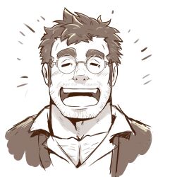 1boy =_= bara blush chest_hair collared_shirt crave_saga cropped_torso facial_hair glasses greyscale happy_aura highres jeron_(crave_saga) kazuo_tashishi male_focus mature_male monochrome mustache_stubble pectoral_cleavage pectorals round_eyewear shirt short_hair smile solo sparse_chest_hair stubble thick_eyebrows