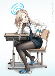 1girl absurdres asuna_(blue_archive) bilingual_commentary black_pantyhose blonde_hair blue_archive blue_eyes blue_sky blush breasts bucho_sama chair commentary desk elbow_rest english_commentary halo highres korean_commentary large_breasts long_hair looking_at_viewer mixed-language_commentary neck pantyhose school_chair school_desk scrunchie sitting sky slippers solo wrist_scrunchie