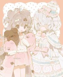 2girls animal_ears blue_eyes bone_hair_ornament bow brown_eyes brown_hair dress eyepatch food food-themed_hair_ornament frills fruit hair_between_eyes hair_bow hair_ornament hair_over_one_eye hairclip hat highres long_hair long_sleeves looking_at_viewer memuro multiple_girls original short_hair sleeves_past_wrists smile strawberry white_dress white_hair