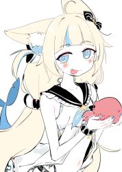 1girl ahoge animal animal_ear_fluff animal_ears bikini blonde_hair blue_eyes blue_hair blue_nails bracelet cat_ears closed_mouth dress eds fins fish_tail highres holding holding_animal indie_virtual_youtuber jewelry looking_at_viewer low_twintails multicolored_hair navel octopus sailor_collar sameko_saba shark_tail simple_background smile solo streaked_hair striped_bikini striped_clothes swimsuit tail tongue tongue_out twintails two-tone_hair upper_body virtual_youtuber white_background white_dress