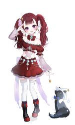 1girl absurdres animal bare_shoulders boong0619 boots bow bowtie commentary_request commission crop_top fox full_body hand_up highres korean_commentary long_hair long_sleeves looking_at_viewer midriff off-shoulder_shirt off_shoulder open_mouth original purple_eyes red_hair red_shirt red_skirt salute shirt simple_background skirt smile solo thighhighs twintails whiskers white_background white_thighhighs