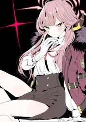 1girl aru_(blue_archive) black_skirt blue_archive blush coat coat_on_shoulders demon_horns fur-trimmed_coat fur_trim gloves halo high-waist_skirt highres horns long_hair long_sleeves looking_at_viewer low_horns miyahara_miyako pink_hair pink_halo red_coat skirt smile solo white_gloves