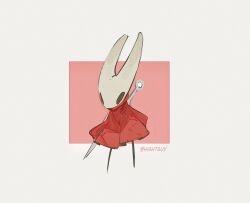 1girl artist_name black_eyes cloak commentary full_body halftone hashtag-only_commentary hightguy hollow_knight hornet_(hollow_knight) horns needle_(hollow_knight) red_cloak solo square weapon weapon_on_back white_background