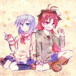 10s 2girls blue_eyes blue_hair boots bow casual hair_bow heart lap long_hair long_sleeves lowres mahou_shoujo_madoka_magica mahou_shoujo_madoka_magica_(anime) miki_sayaka mizuki_(flowerlanguage) multiple_girls ponytail red_eyes red_hair sakura_kyoko school_uniform shoes short_hair shorts sitting skirt smile socks star_(symbol)