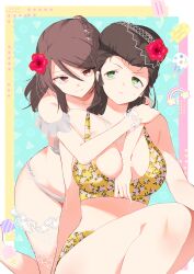 2girls absurdres bikini breasts brown_hair closed_mouth commentary_request emilio_(tetsukazu_no_ao) floral_print_bikini flower frown girls_und_panzer green_eyes hair_flower hair_ornament hibiscus highres hug hug_from_behind jewelry kneeling large_breasts long_hair looking_at_viewer mika_(girls_und_panzer) multiple_girls necklace no_headwear partial_commentary pompadour red_flower scrunchie sitting smile sweatdrop swimsuit thigh_scrunchie white_bikini wrist_scrunchie yellow_bikini yuri_(girls_und_panzer)