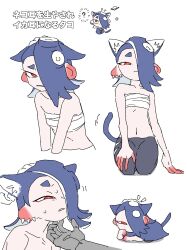 1girl 1other absurdres animal_ear_fluff animal_ears bare_shoulders black_leggings blue_hair blue_tail breasts cat_ears cat_tail cephalopod_eyes chest_sarashi chibi chibi_inset clenched_teeth collarbone colored_extremities commentary_request earrings ears_down furrowed_brow groin hair_over_one_eye hairband hand_on_ground hand_on_own_thigh highres jewelry jounetsu_(jonetunoaoitako) kemonomimi_mode leggings medium_hair midriff motion_lines multiple_earrings multiple_views navel nintendo octoling one_eye_covered red_eyes sarashi scratching_chin shiver_(deep_cut_outfit)_(splatoon) shiver_(splatoon) sitting small_breasts splatoon_(series) splatoon_3 suction_cups sweat tail teeth tentacle_hair tooth_earrings torn_clothes torn_leggings translation_request white_hairband