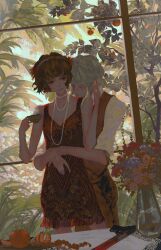 Rule 34 | 2girls, absurdres, bare shoulders, black dress, bob cut, brown hair, brown vest, cup, dress, face-to-face, flower, foliage, food, fruit, grabbing from behind, grey hair, gun, highres, holding, holding cup, hug, jewelry, multiple girls, necklace, orange (fruit), pearl necklace, red eyes, reverse:1999, schneider (reverse:1999), shirt, table, vertin (reverse:1999), vest, wang lengmei, weapon, white shirt, window, yuri