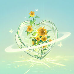 artist_name blue_background bug butterfly flower gradient_background heart huhv. insect leaf no_humans original plant still_life sunflower transparent water water_drop yellow_flower