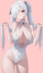 1girl absurdres bare_shoulders blush breasts cinderella_(nikke) cleavage cleavage_cutout clothing_cutout commentary covered_navel eyes_visible_through_hair gem goddess_of_victory:_nikke hair_between_eyes hair_over_one_eye hand_in_own_hair hands_up highleg highleg_leotard highres hwan_(verypoor) large_breasts leotard light_smile long_hair looking_at_viewer pink_background red_eyes red_gemstone see-through_clothes sidelocks solo standing thighs twintails white_hair white_leotard