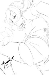 akasode_matsuri_(inazuma_eleven) ball character_name inazuma_(kancolle) leg_up medium_hair o7fian parted_lips raimon raimon_soccer_uniform shirt shorts sidelocks sketch soccer_ball soccer_uniform sportswear unfinished